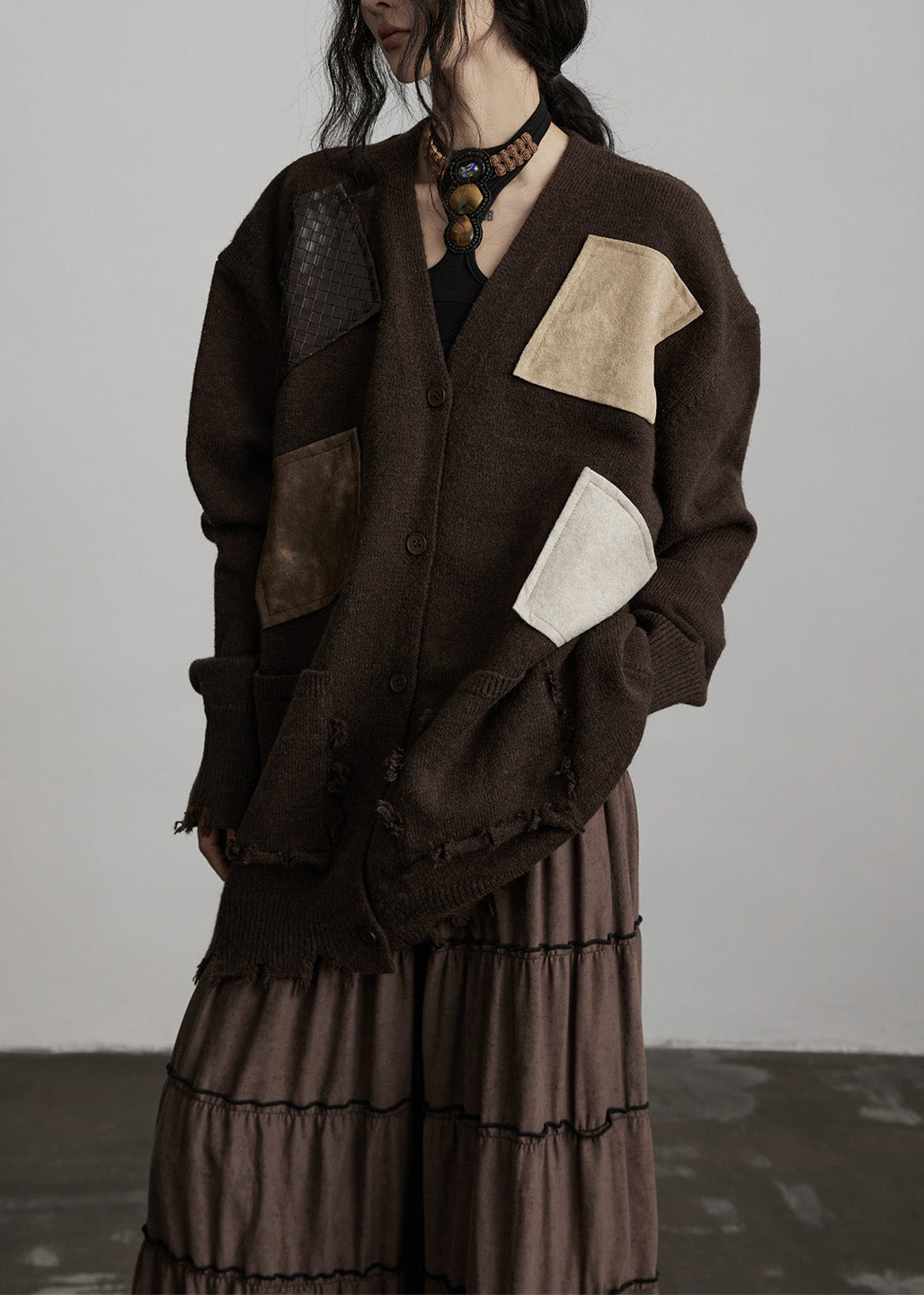 Bohemian Chocolate Oversized Patchwork Applique Knit Cardigan Winter