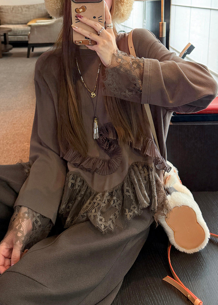 Bohemian Chocolate Oversized Patchwork Lace Tops Spring