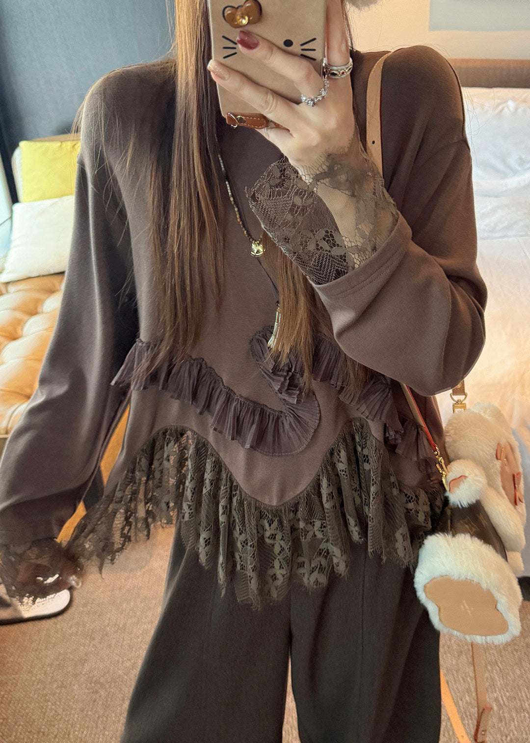 Bohemian Chocolate Oversized Patchwork Lace Tops Spring