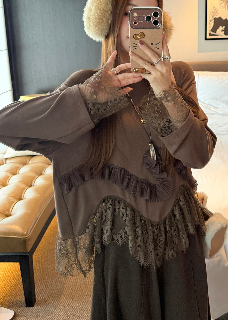 Bohemian Chocolate Oversized Patchwork Lace Tops Spring