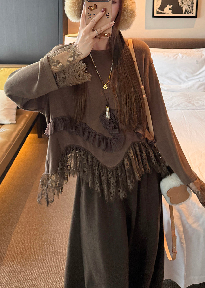 Bohemian Chocolate Oversized Patchwork Lace Tops Spring