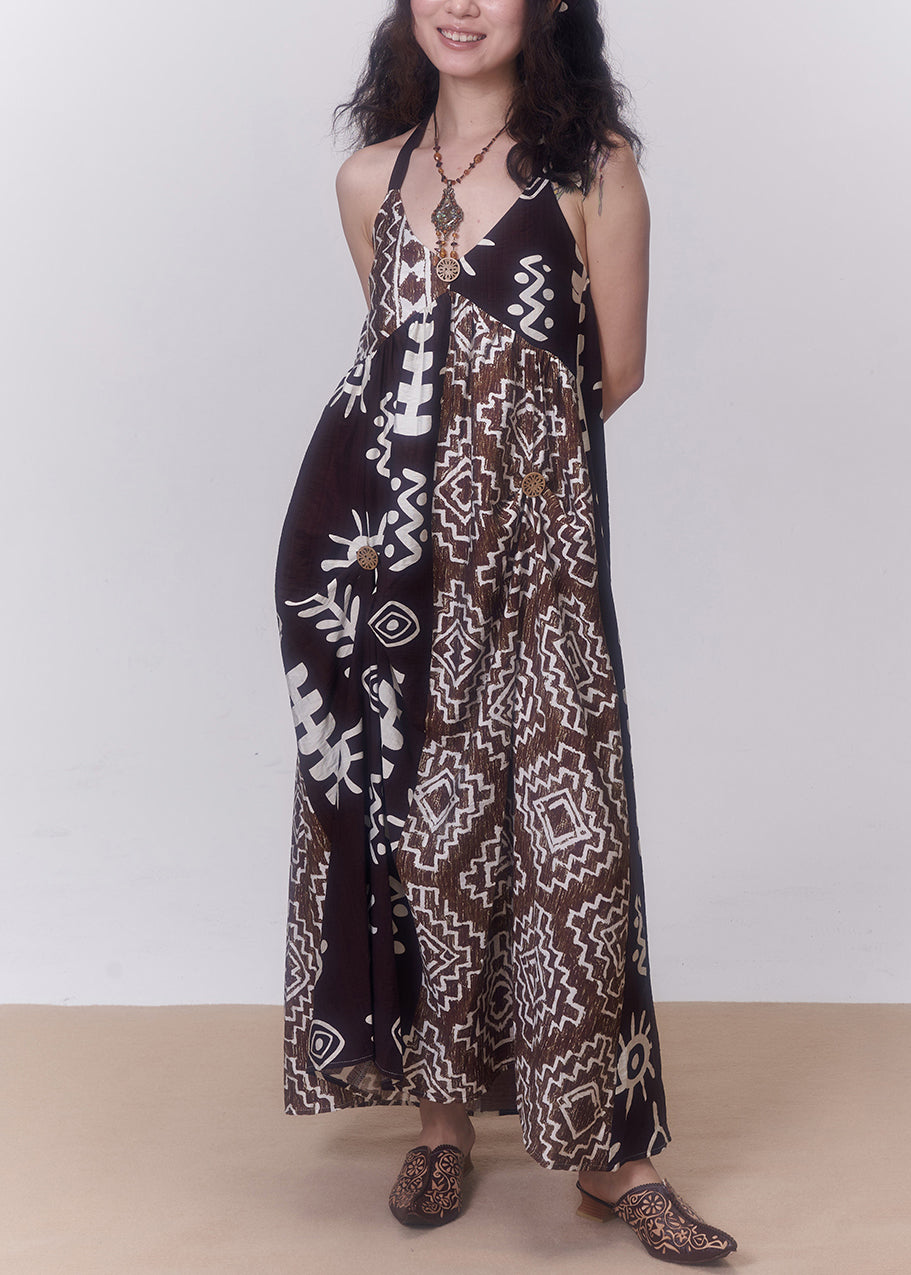 Bohemian Coffee Backless Print Patchwork Cotton Spaghetti Strap Dress Sleeveless