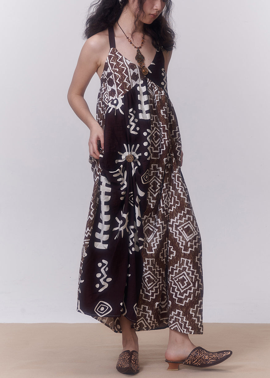 Bohemian Coffee Backless Print Patchwork Cotton Spaghetti Strap Dress Sleeveless