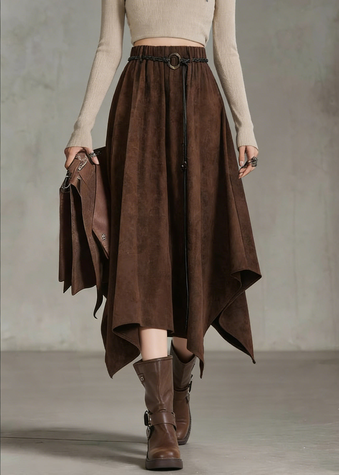 Bohemian Coffee Elastic Waist Sashe Faux Suede A Line Skirts - Omychic