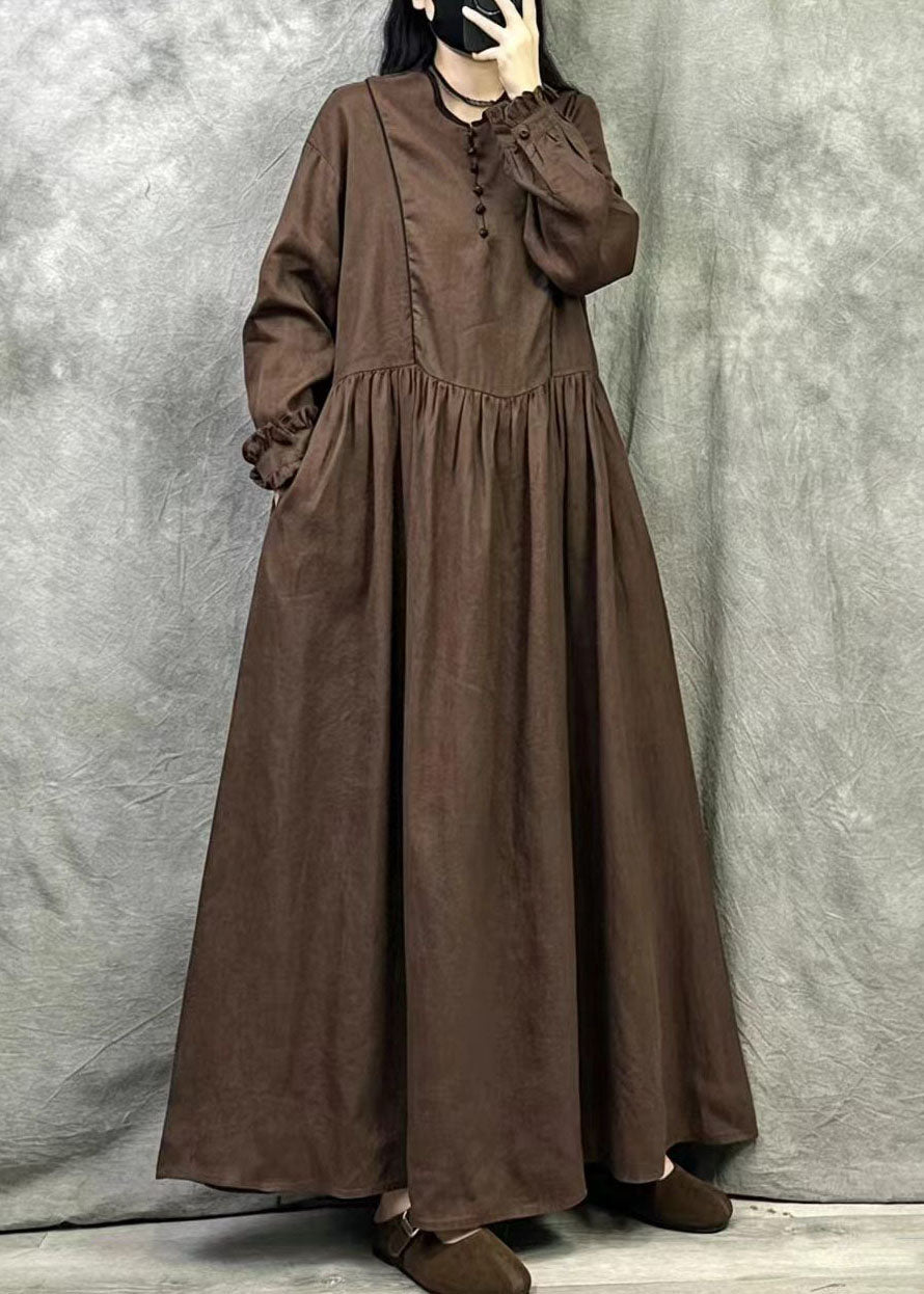 Bohemian Coffee Oversized Ruffled Cotton Maxi Dress Fall