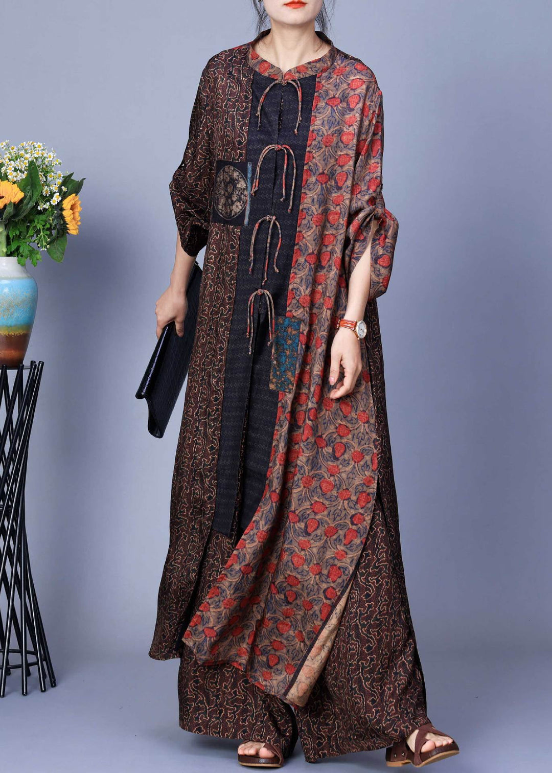 Bohemian Coffee Print Tops And Wide Leg Pants Silk Two Pieces Set Spring