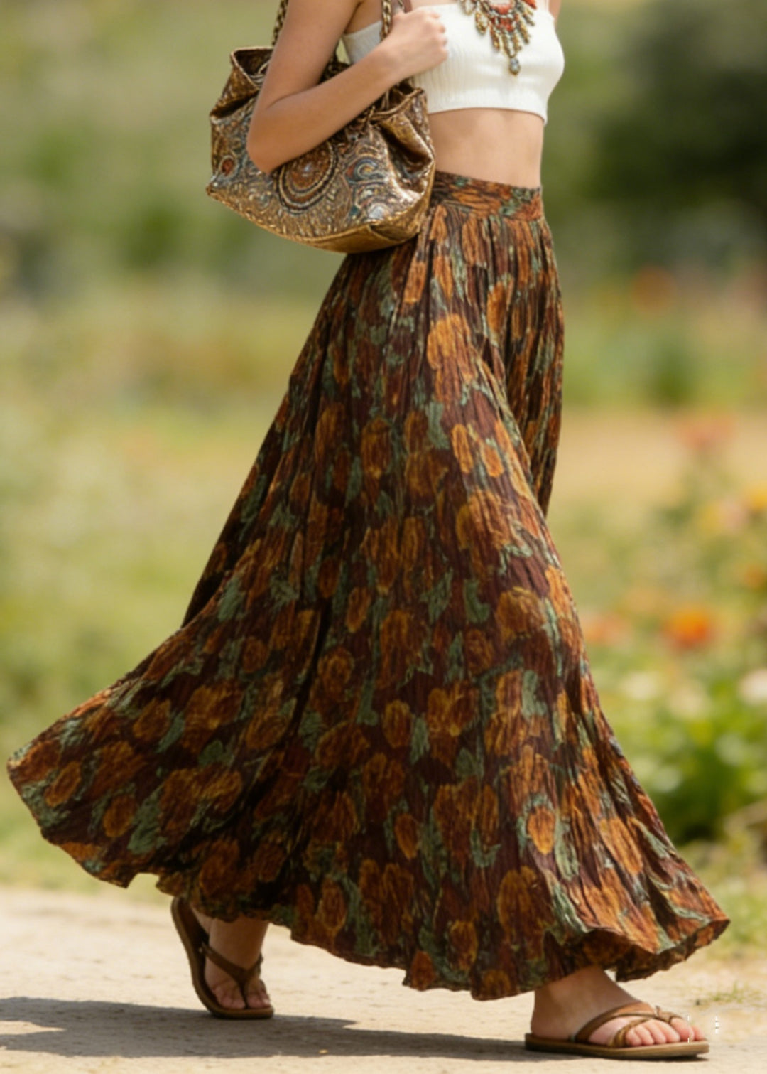 Bohemian Coffee Wrinkled Print Cotton Skirts Spring