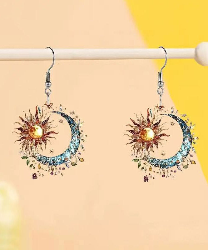 Bohemian Colorblock Acrylic Sun And Moon Tassel Drop Earrings