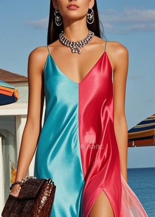 Bohemian Colorblock Asymmetrical Patchwork Side Open Silk Vacation Dresses Summer