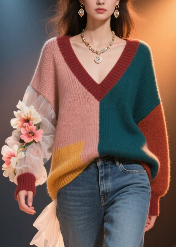 Bohemian Colorblock V Neck Floral Knit Short Sweater Fall