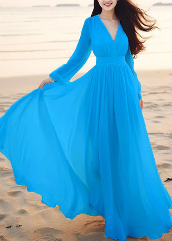 Bohemian Cyan V Neck Tunic Solid Chiffon Maxi Dresses Lantern Sleeve