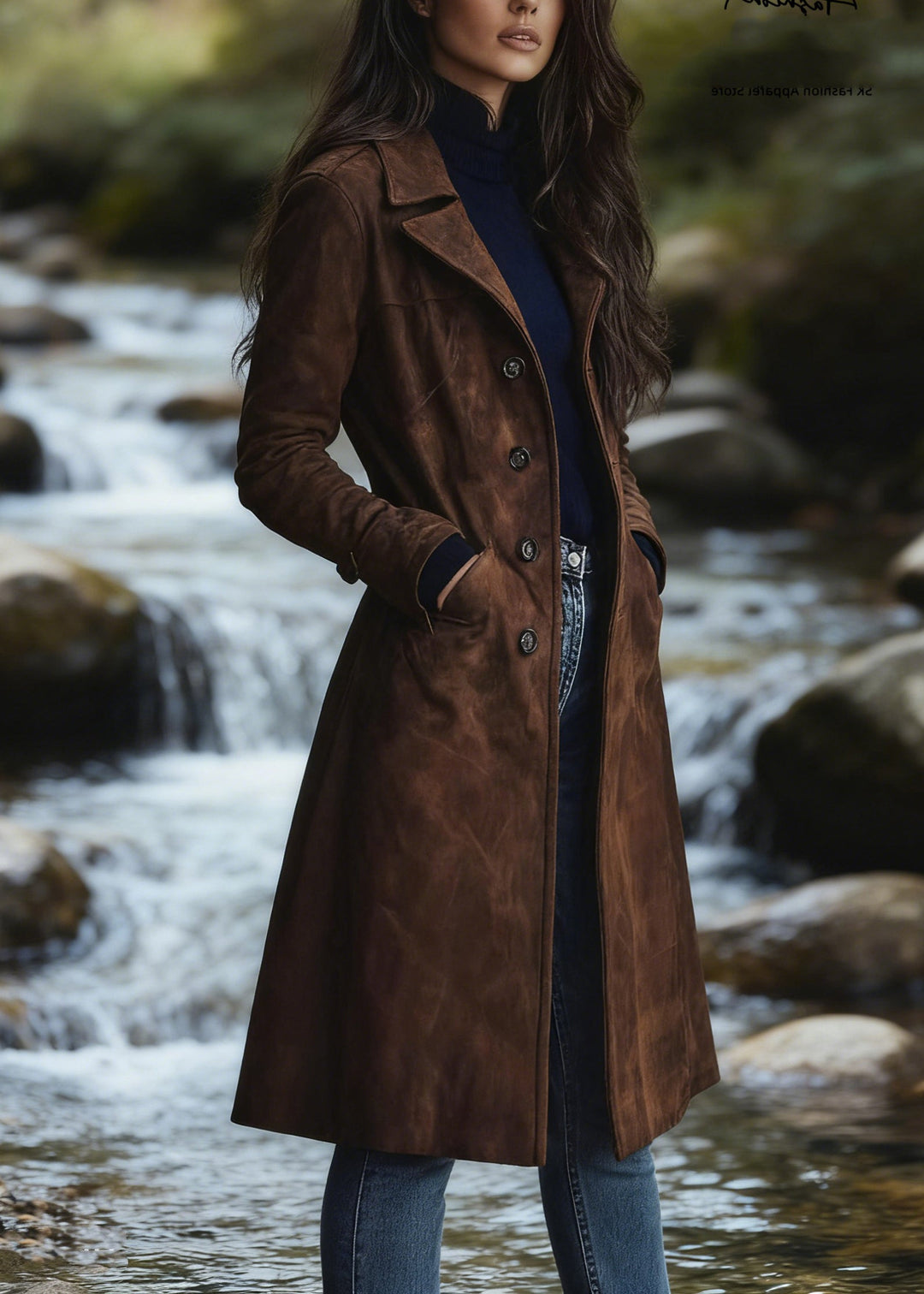 Bohemian Dark Brown Peter Pan Collar Pockets Faux Suede Coat Spring