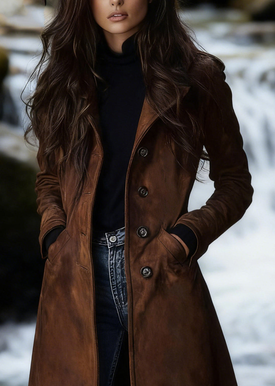 Bohemian Dark Brown Peter Pan Collar Pockets Faux Suede Coat Spring