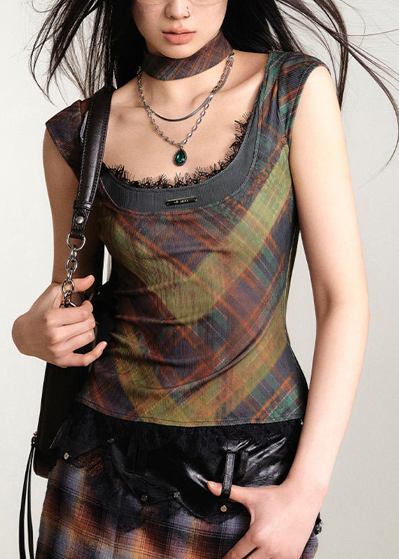 Bohemian Dark Grey O-Neck Print Lace Patchwork Vest Sleeveless
