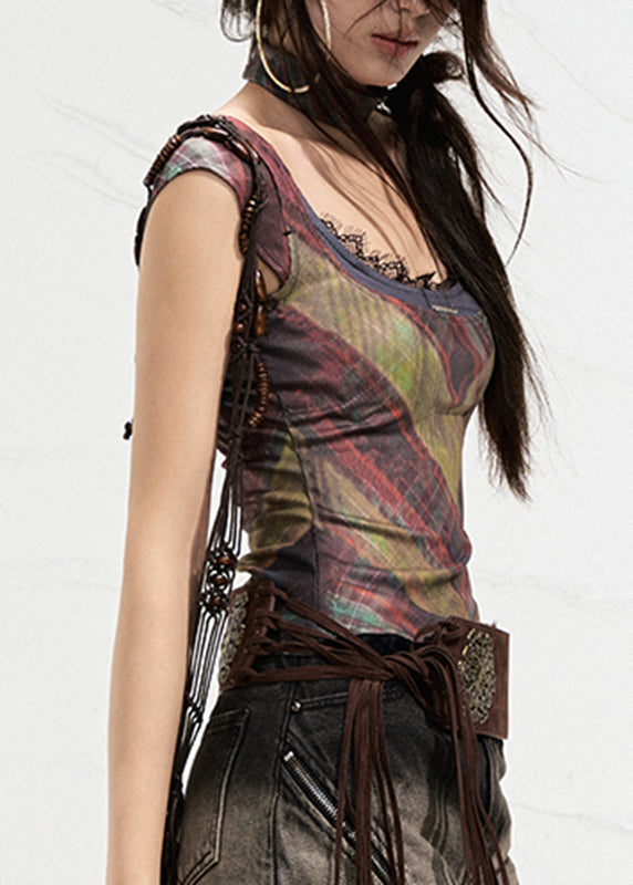 Bohemian Dark Grey O-Neck Print Lace Patchwork Vest Sleeveless