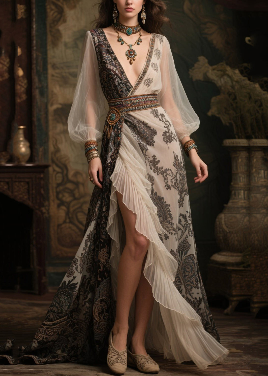 Bohemian Exra Large Hem Patchwork Ruffles Chiffon Dresses Summer