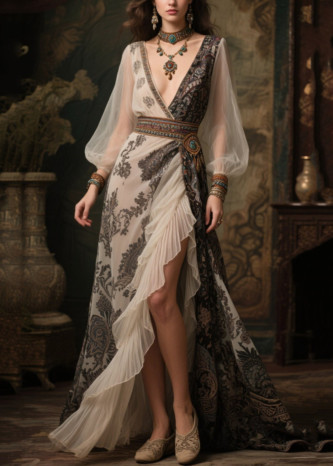 Bohemian Exra Large Hem Patchwork Ruffles Chiffon Dresses Summer