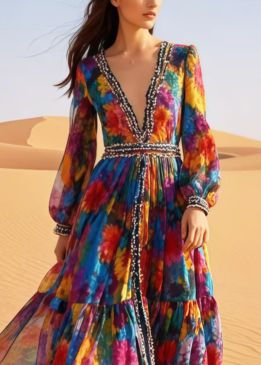 Bohemian Flower Print Exra Large Hem Chiffon Beach Dress Spring