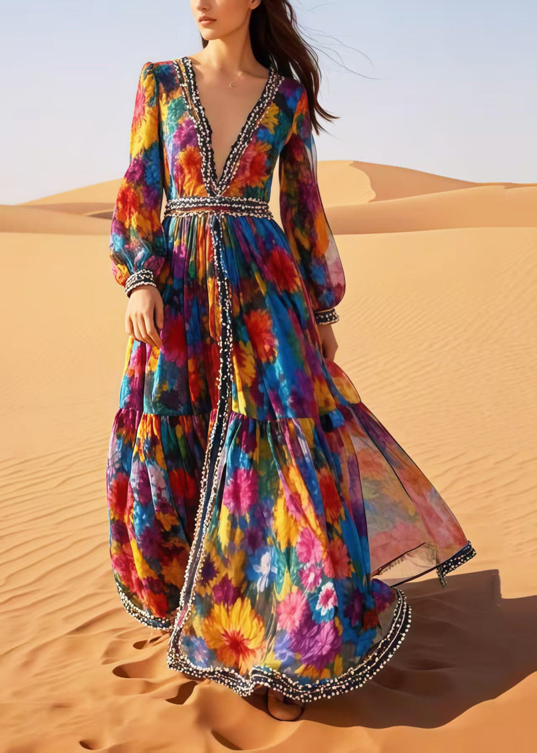 Bohemian Flower Print Exra Large Hem Chiffon Beach Dress Spring