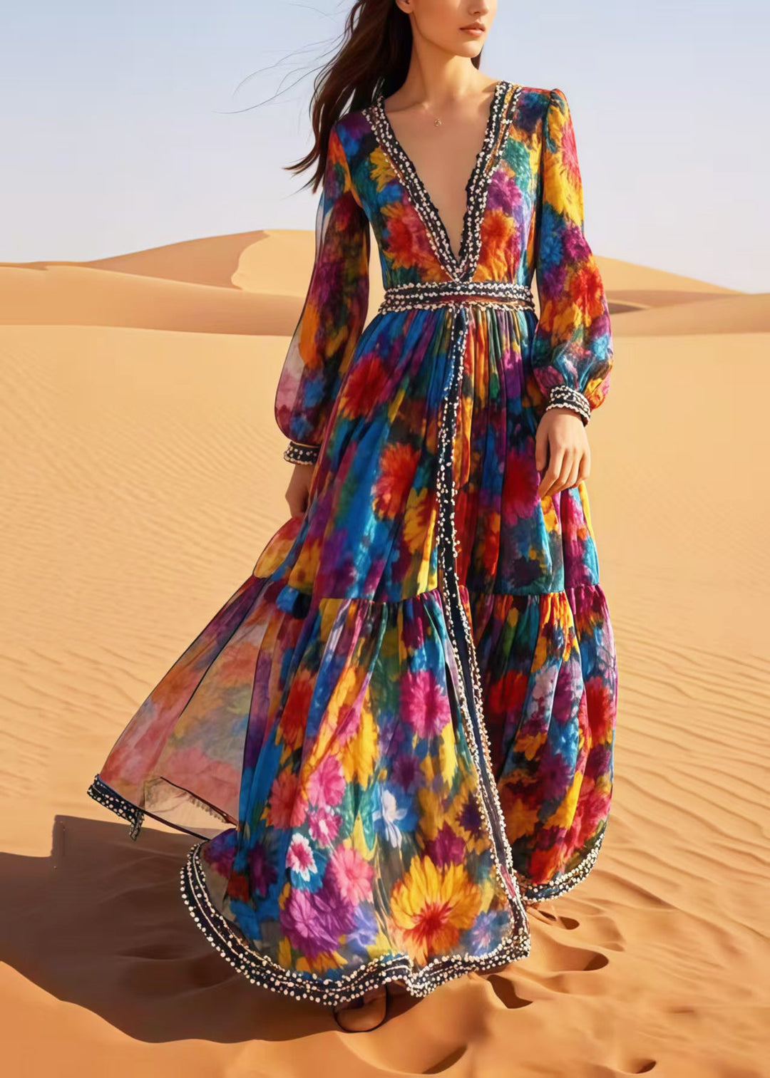 Bohemian Flower Print Exra Large Hem Chiffon Beach Dress Spring