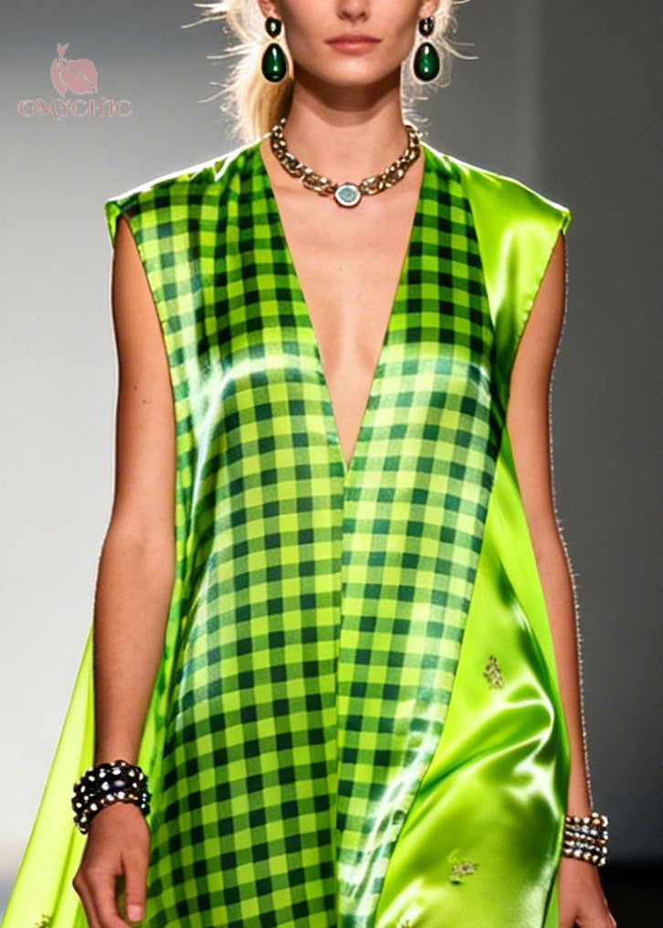 Bohemian Fluorescent Green Plaid Patchwork Silk Ankle Dress Sleeveless