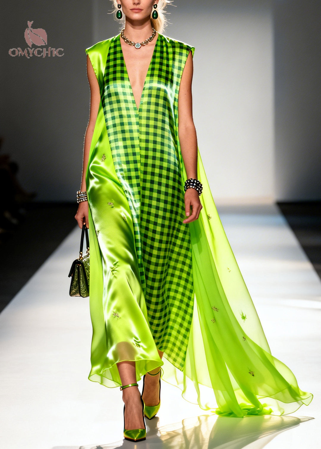 Bohemian Fluorescent Green Plaid Patchwork Silk Ankle Dress Sleeveless