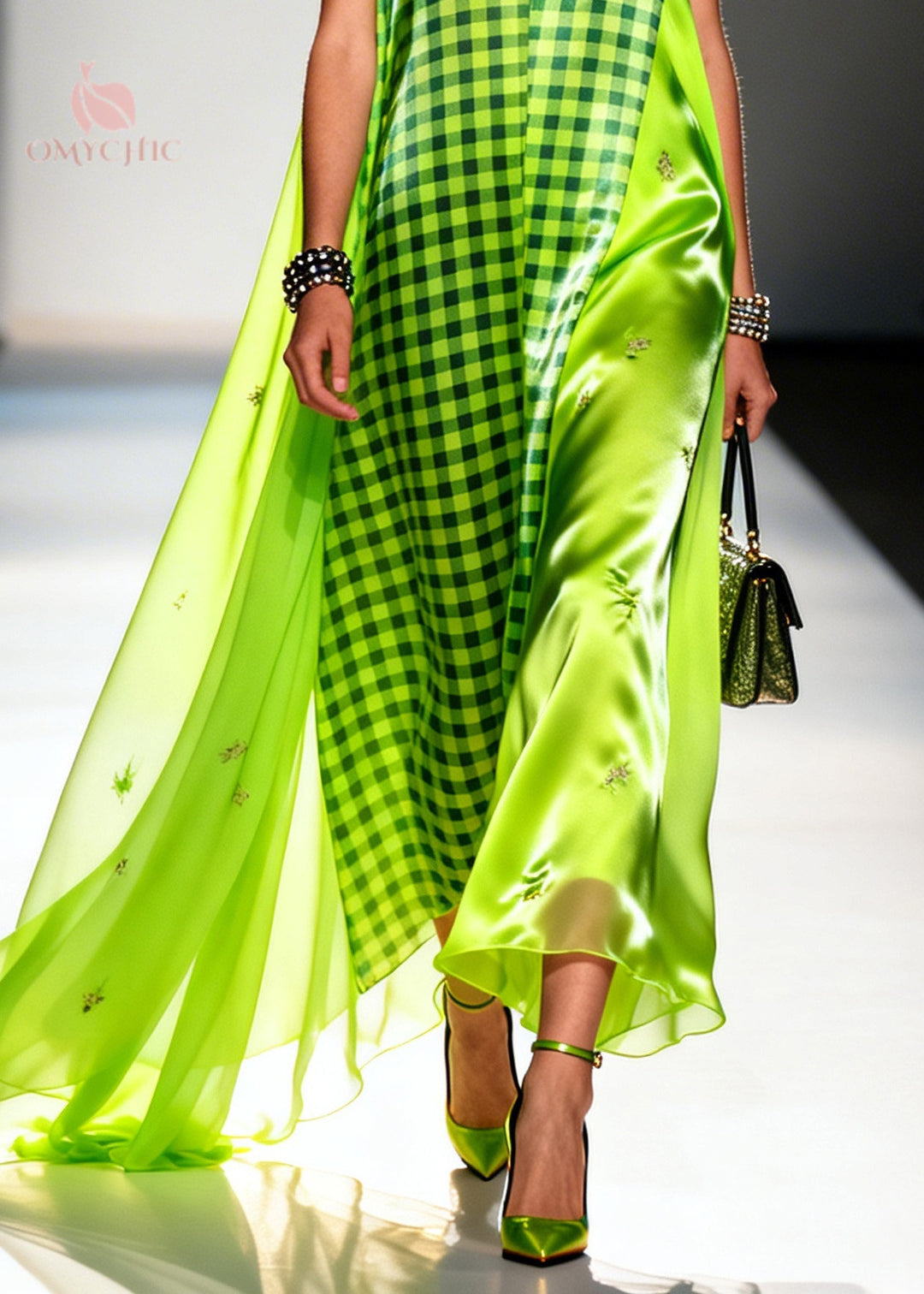 Bohemian Fluorescent Green Plaid Patchwork Silk Ankle Dress Sleeveless