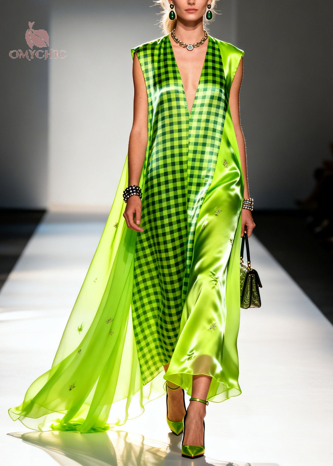Bohemian Fluorescent Green Plaid Patchwork Silk Ankle Dress Sleeveless