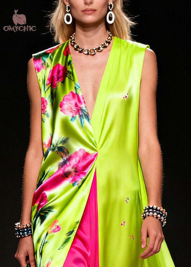 Bohemian Fluorescent Green Print Patchwork Chiffon Vacation Dresses Sleeveless