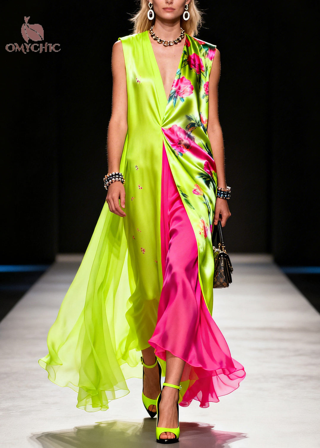 Bohemian Fluorescent Green Print Patchwork Chiffon Vacation Dresses Sleeveless