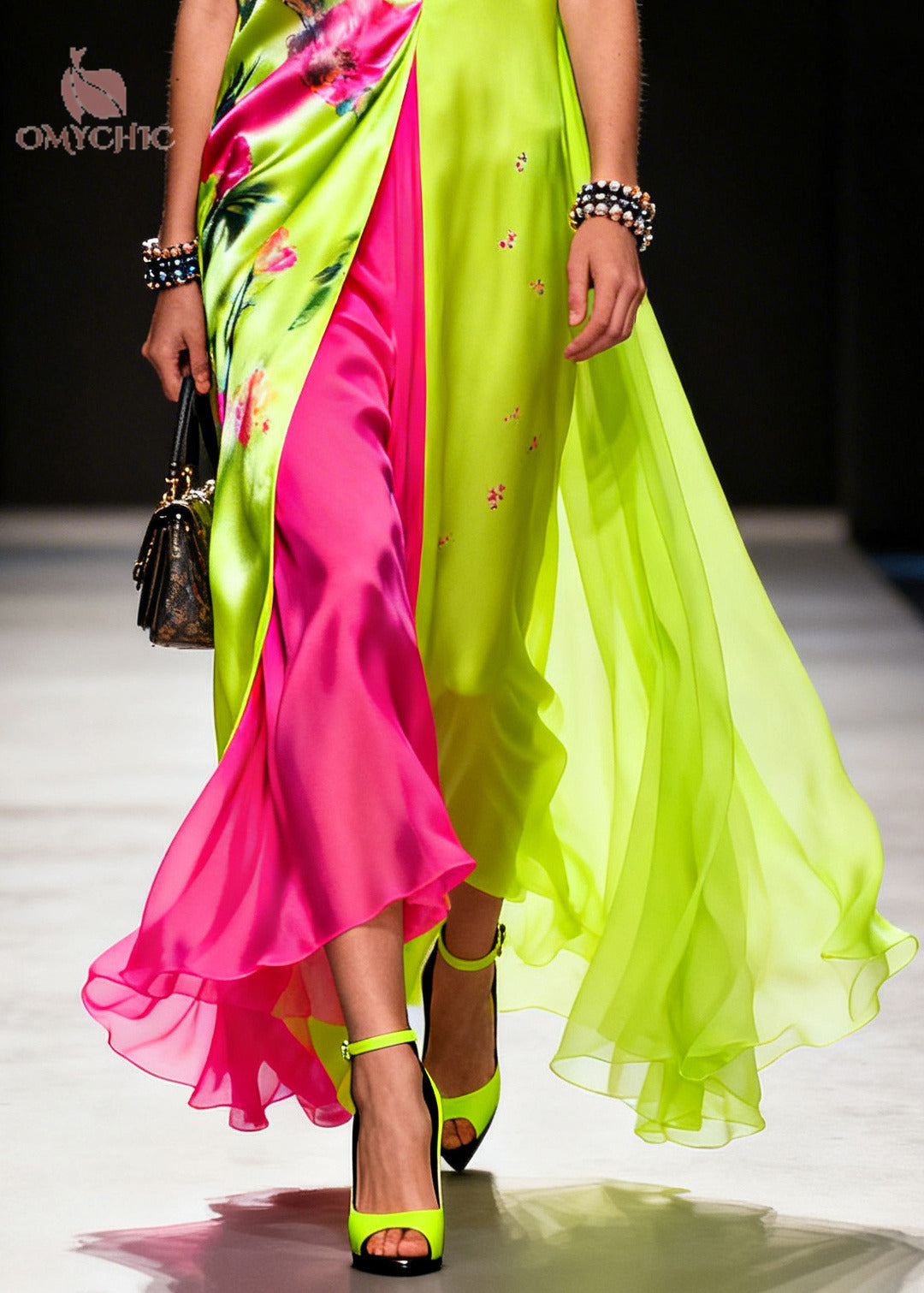 Bohemian Fluorescent Green Print Patchwork Chiffon Vacation Dresses Sleeveless