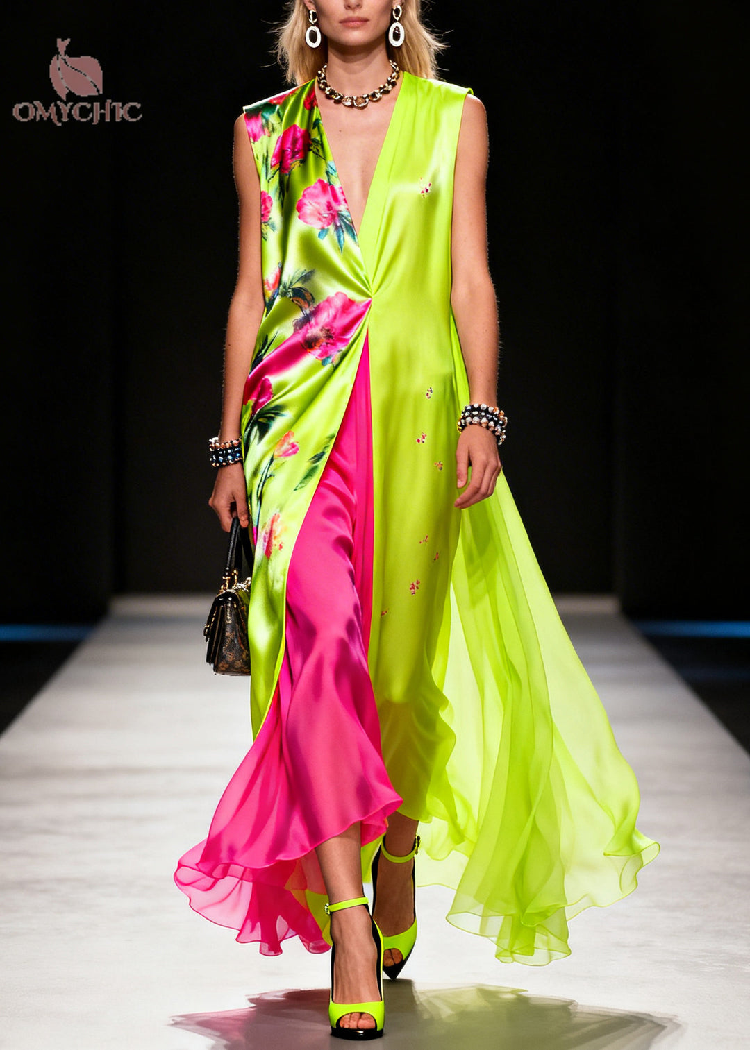 Bohemian Fluorescent Green Print Patchwork Chiffon Vacation Dresses Sleeveless