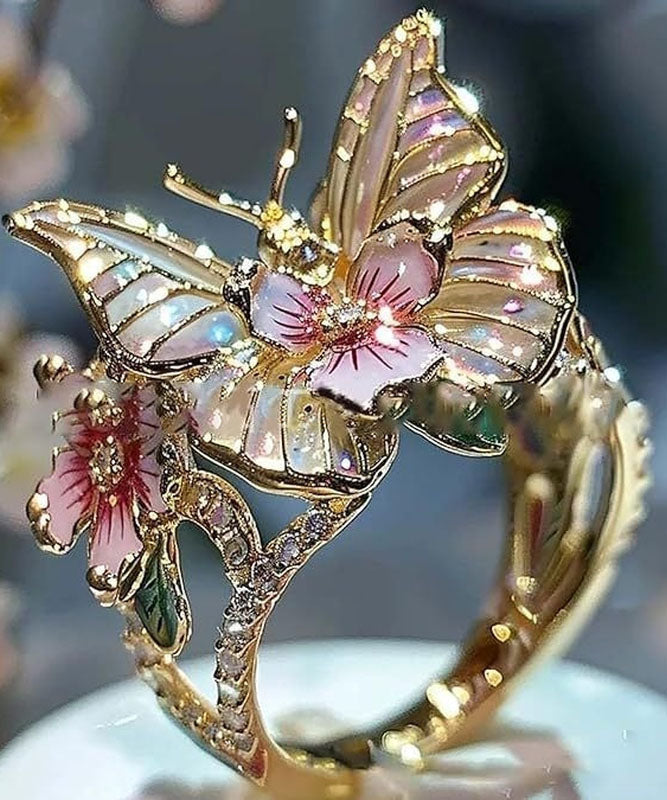 Bohemian Gold Alloy Zircon Drip Glaze Butterfly Floral Rings
