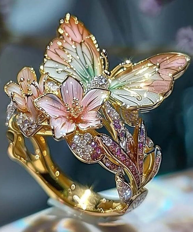 Bohemian Gold Alloy Zircon Drip Glaze Butterfly Floral Rings