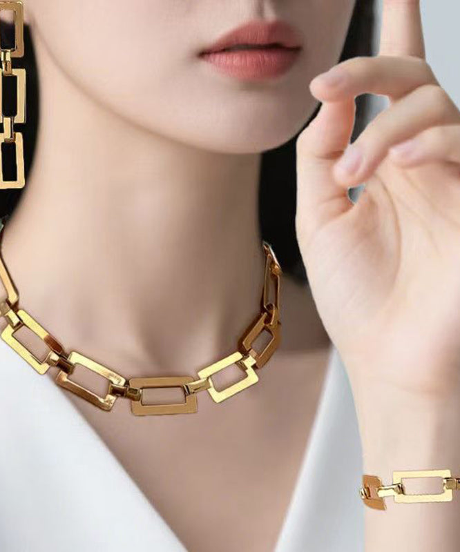 Bohemian Gold Copper Alloy Chain Drop Earrings, Bracelet And Lariat Necklace Three-Piece Set