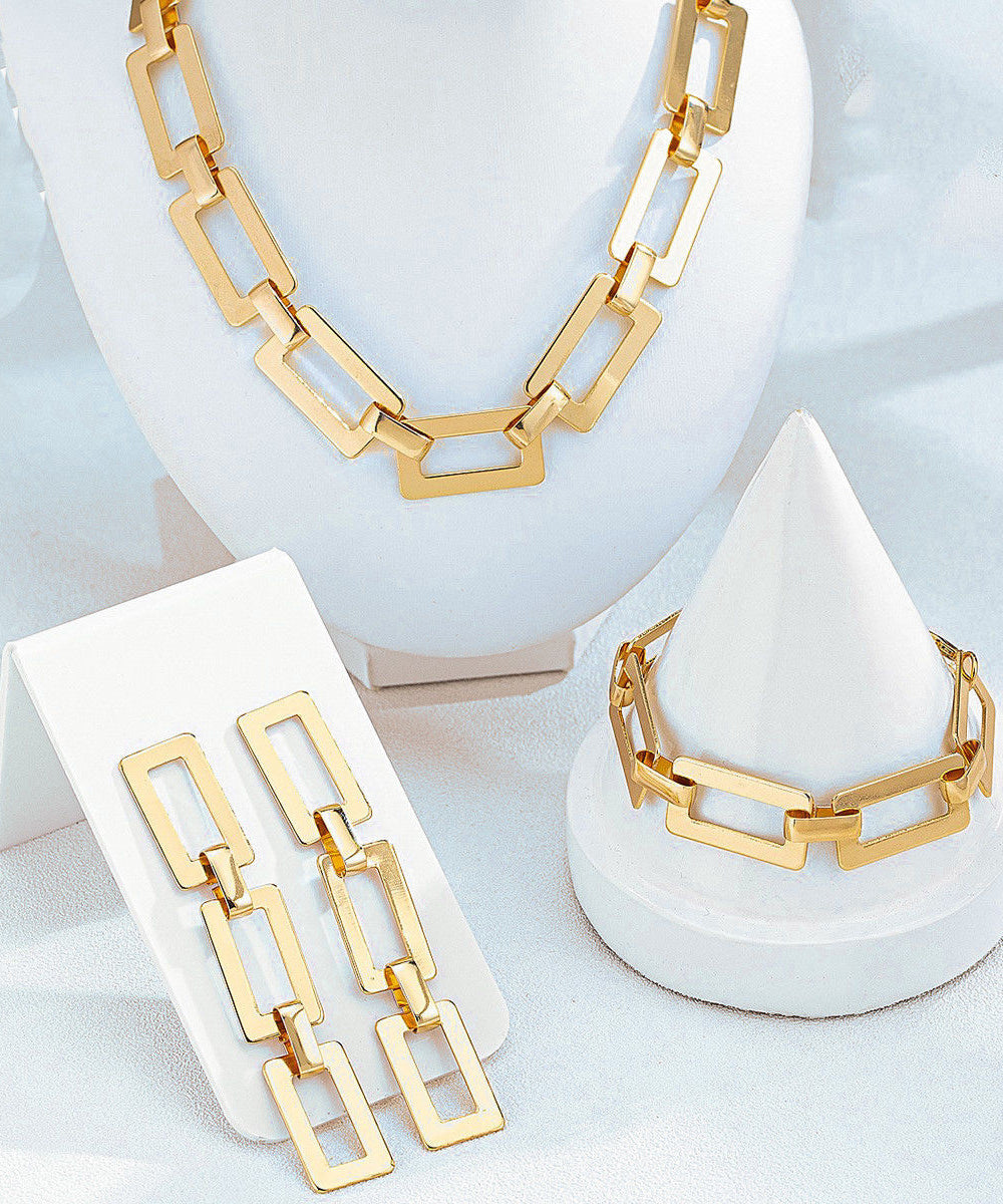 Bohemian Gold Copper Alloy Chain Drop Earrings, Bracelet And Lariat Necklace Three-Piece Set