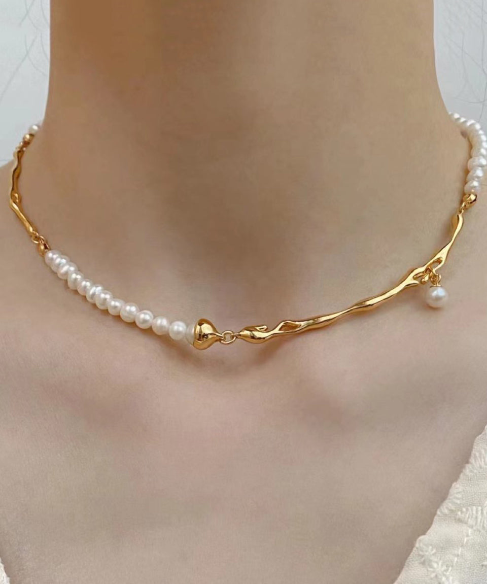 Bohemian Gold Copper Alloy Pearl Patchwork Gratuated Bead Necklace