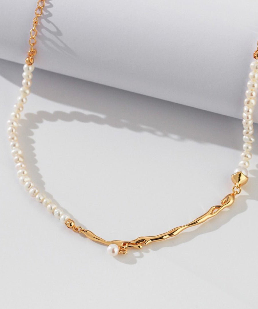 Bohemian Gold Copper Alloy Pearl Patchwork Gratuated Bead Necklace