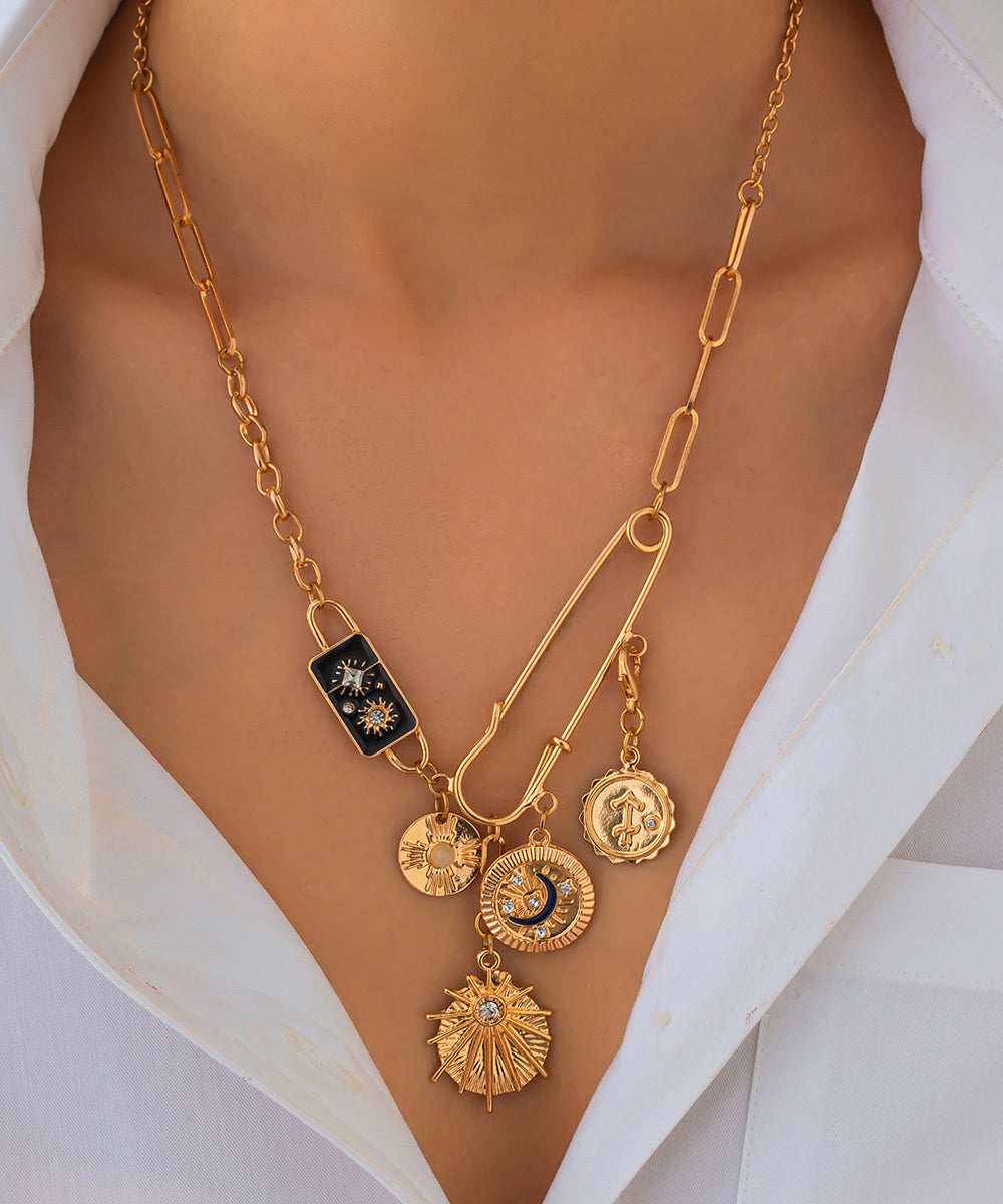 Bohemian Gold Copper Alloy Zircon Pin Asymmetrical Cross Pendant Necklace