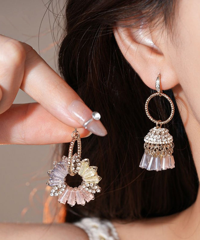 Bohemian Gold Copper Zircon Asymmetrical Crystal Floral Bell Drop Earrings