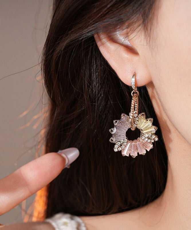Bohemian Gold Copper Zircon Asymmetrical Crystal Floral Bell Drop Earrings