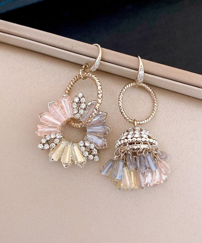 Bohemian Gold Copper Zircon Asymmetrical Crystal Floral Bell Drop Earrings
