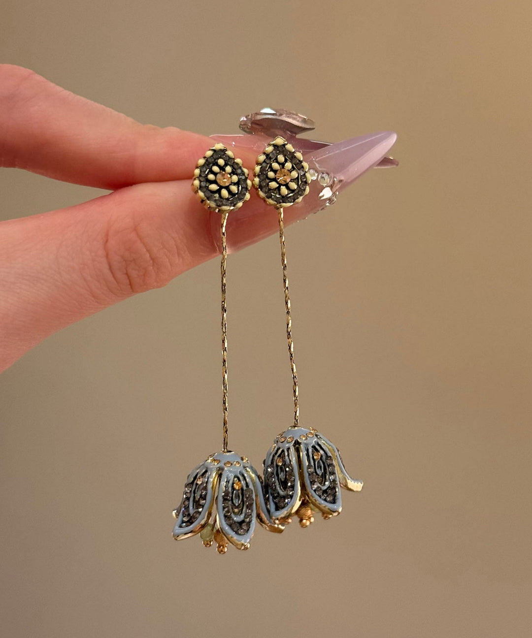 Bohemian Gold Sterling Silver Overgild Floral Tassel Drop Earrings