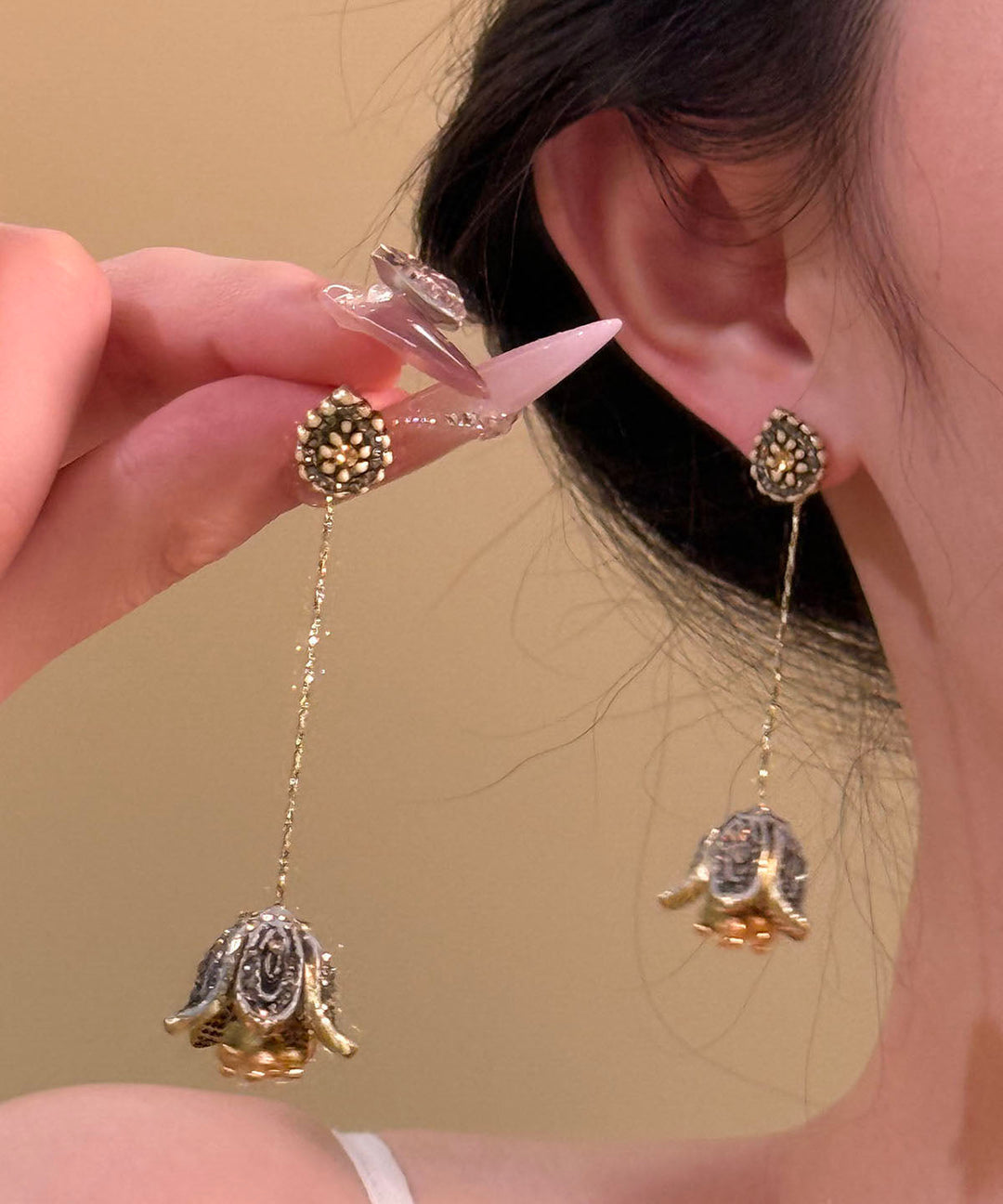 Bohemian Gold Sterling Silver Overgild Floral Tassel Drop Earrings