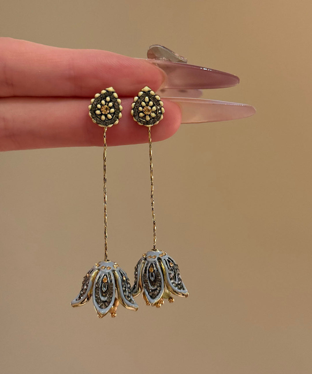 Bohemian Gold Sterling Silver Overgild Floral Tassel Drop Earrings