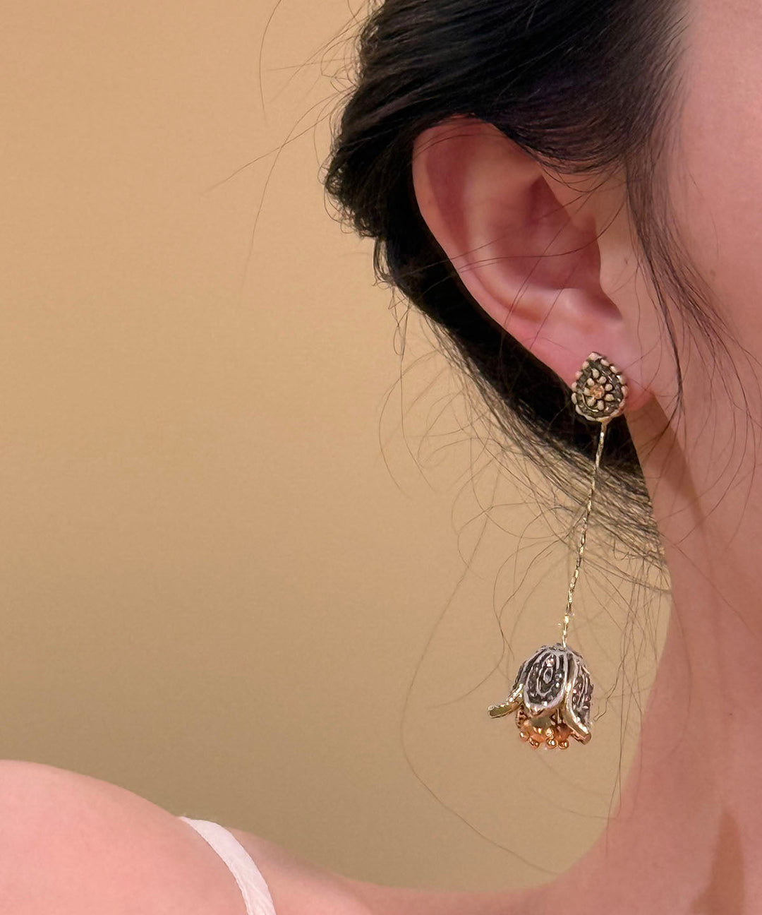 Bohemian Gold Sterling Silver Overgild Floral Tassel Drop Earrings
