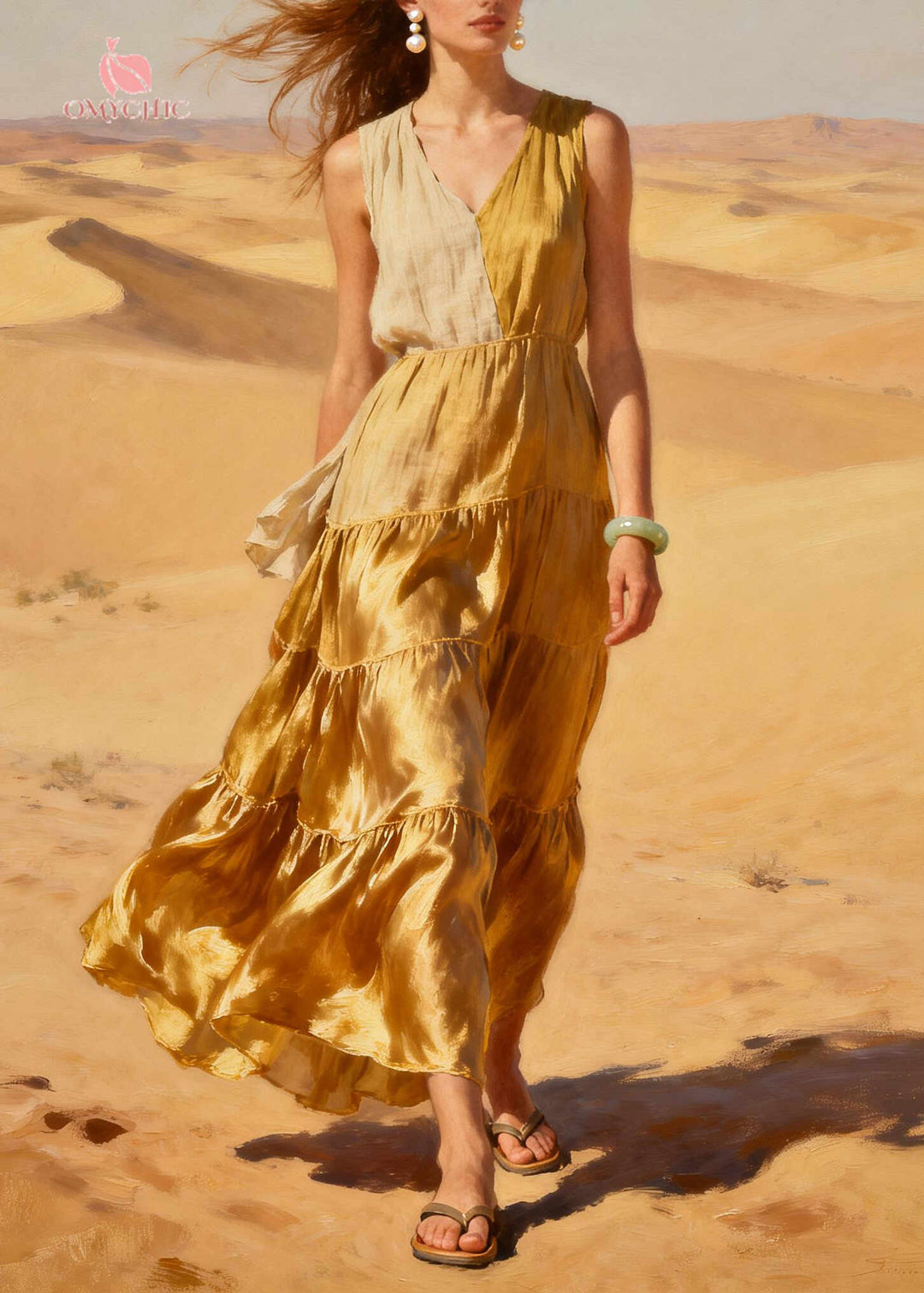 Bohemian Golden Asymmetrical Patchwork Exra Large Hem Chiffon Long Dress Summer