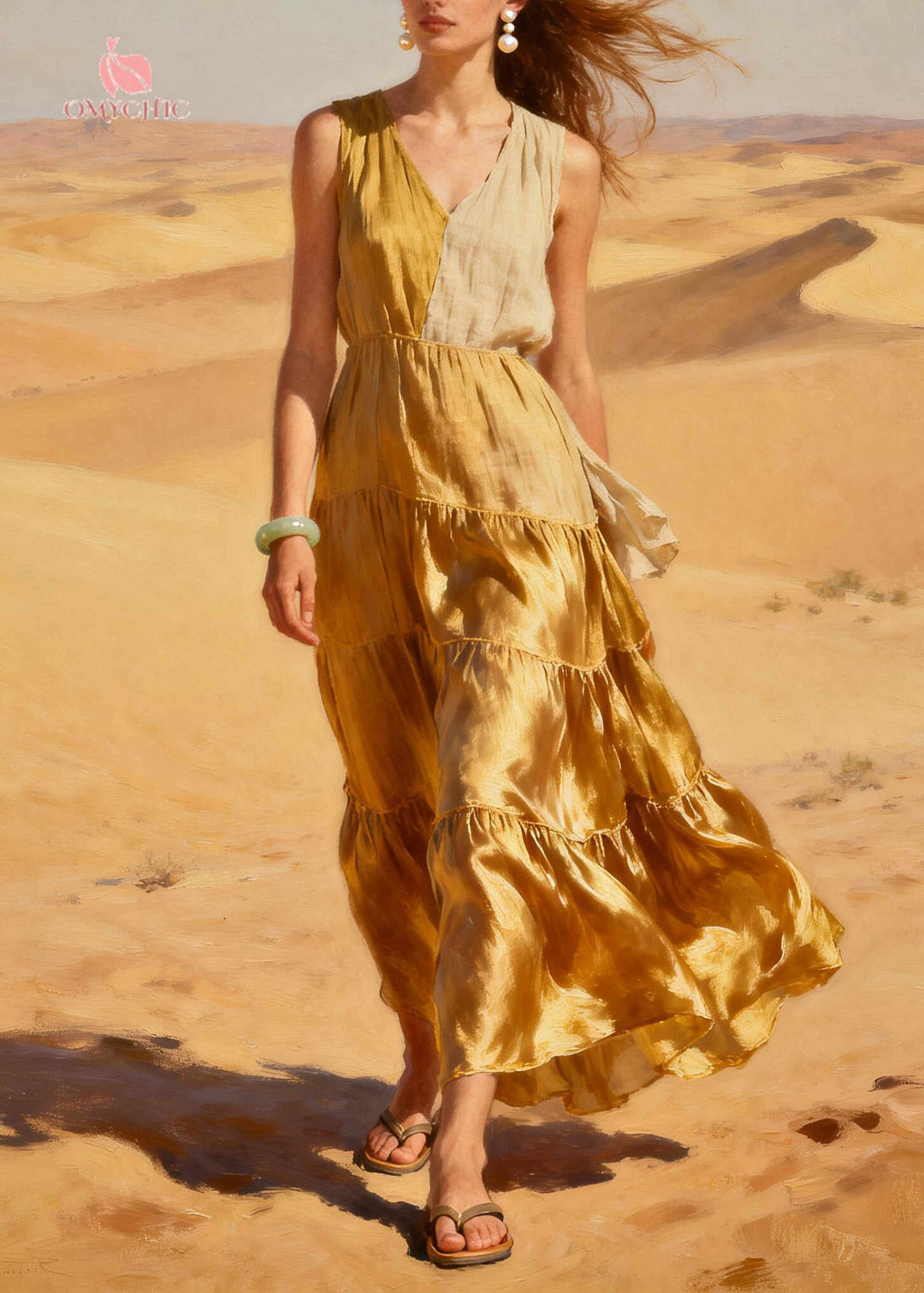 Bohemian Golden Asymmetrical Patchwork Exra Large Hem Chiffon Long Dress Summer