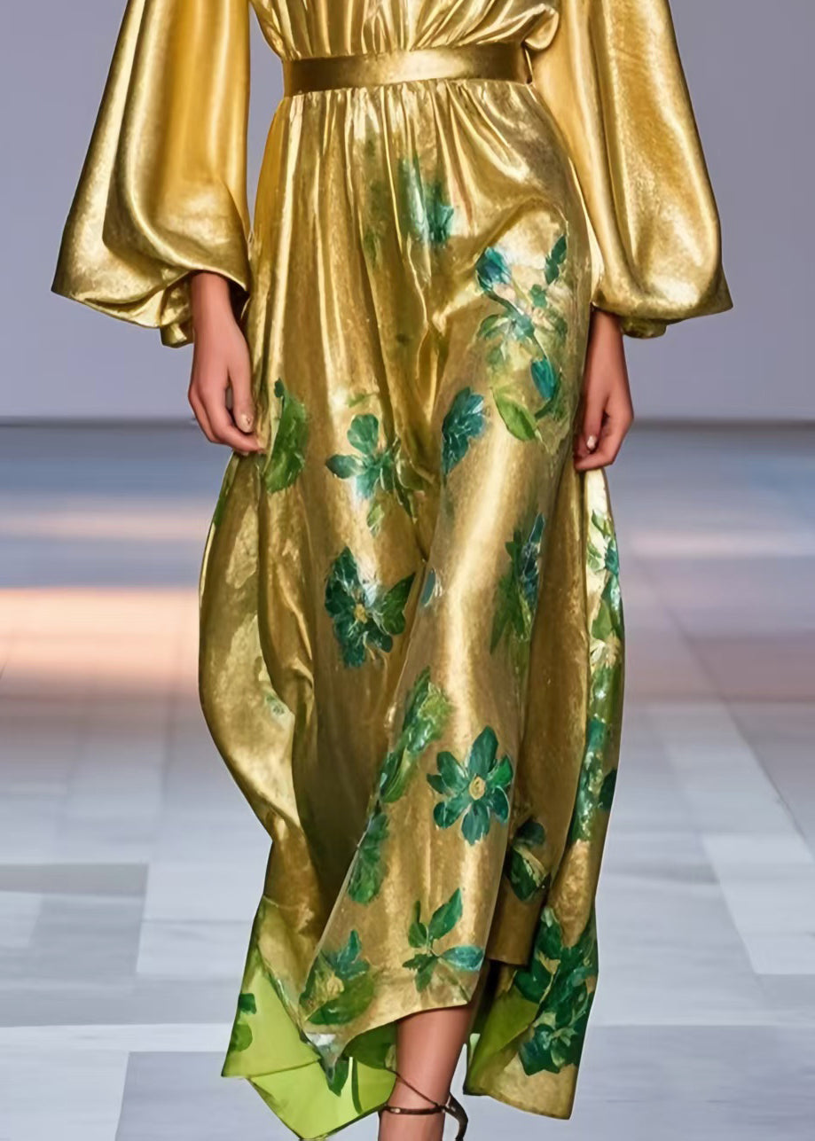Bohemian Golden Cinched Print Silk Party Dress Lantern Sleeve