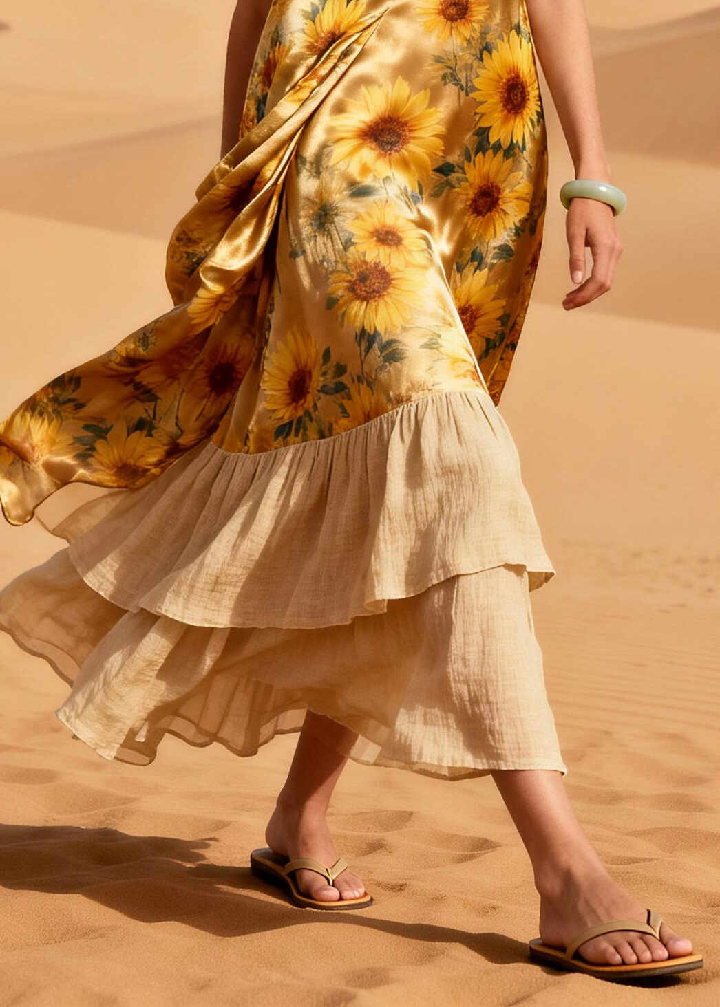 Bohemian Golden Daisy Patchwork Silk Vacation Dresses Summer
